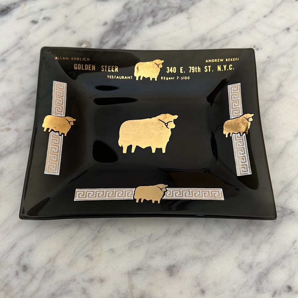 Vintage dish tray Golden Steer Restaurant NYC New York glass gilded catchall